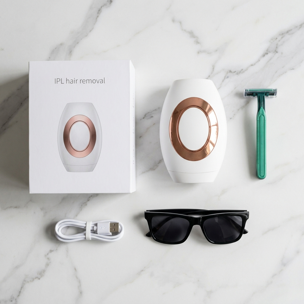 Aureveile IPL device full bundle — device, box, glasses, razor, cable